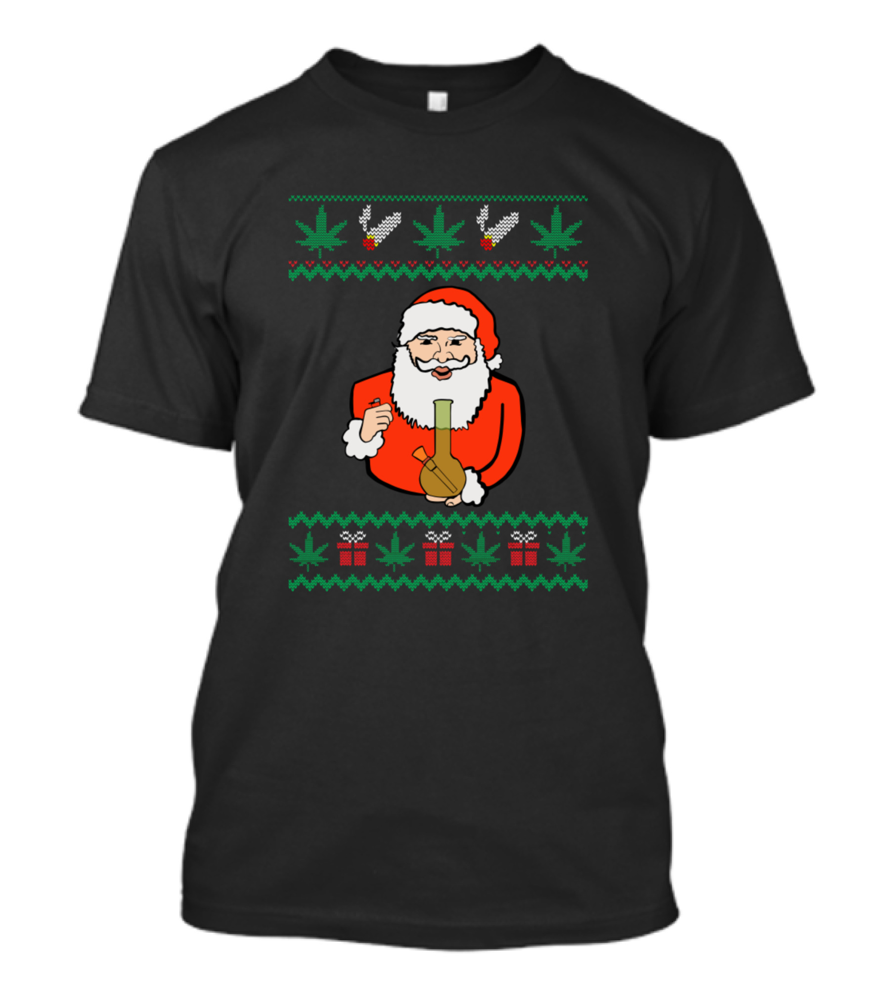 Santa Claus Holding Bong With Marijuana Leaves And Gifts T-Shirt