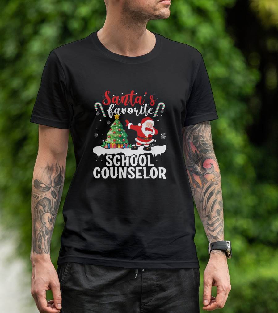 Santa's Favorite School Counselor Christmas Tree Candy Canes Snowflakes T-Shirt
