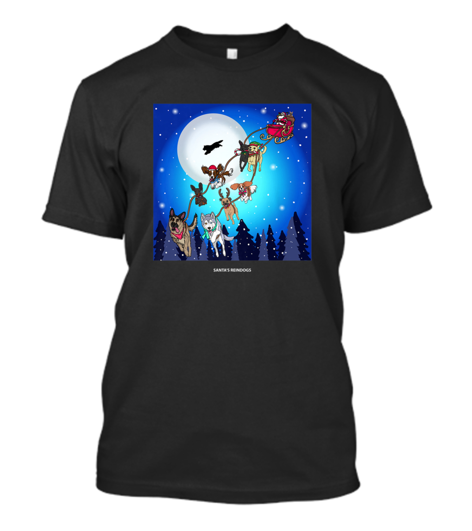 Santa's Reindogs Flying Over Full Moon With Sled And Dogs In Snowy Night Sky T-Shirt