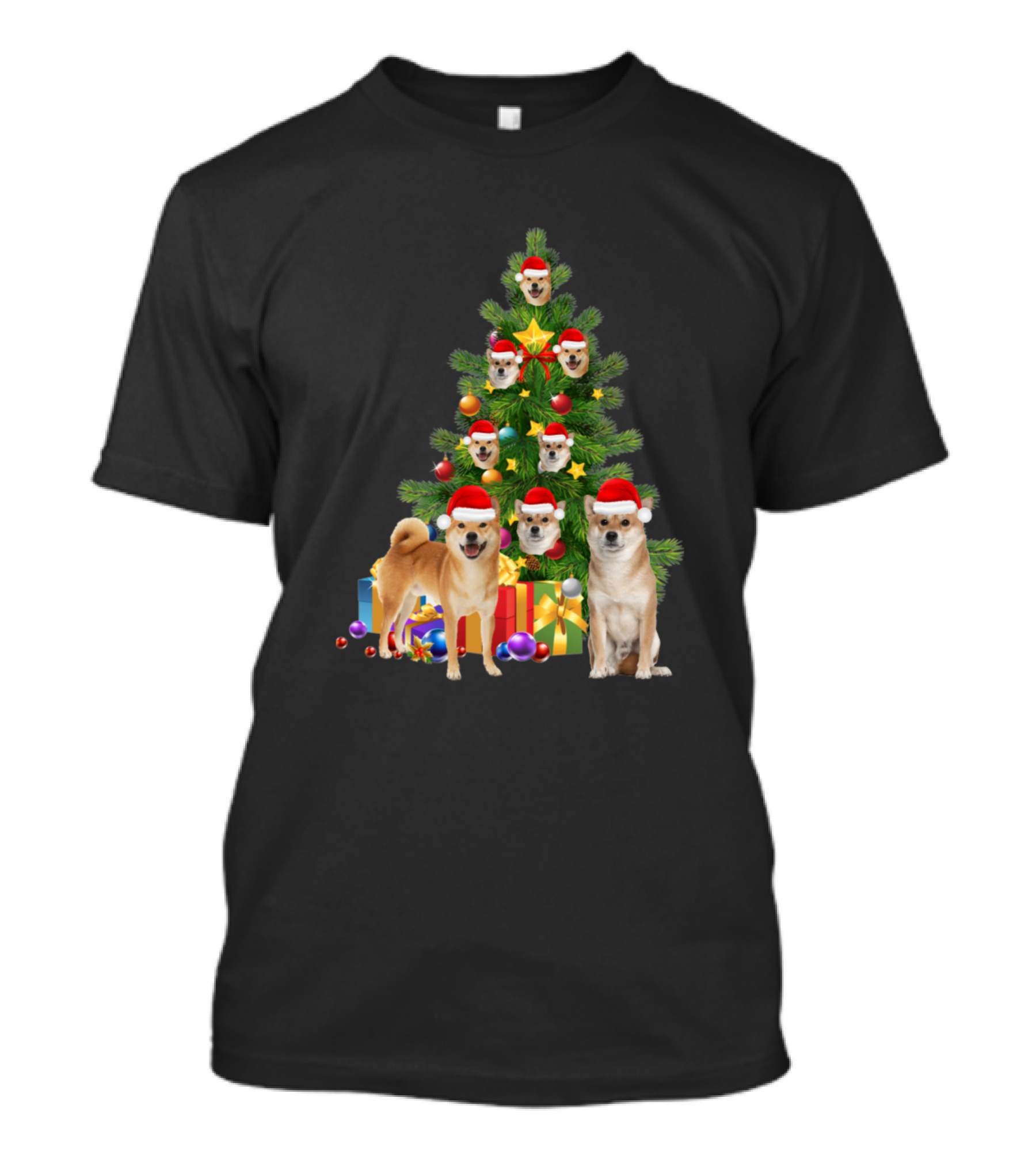 Shiba Inu Christmas Tree Santa Hat Decorations T-Shirt
