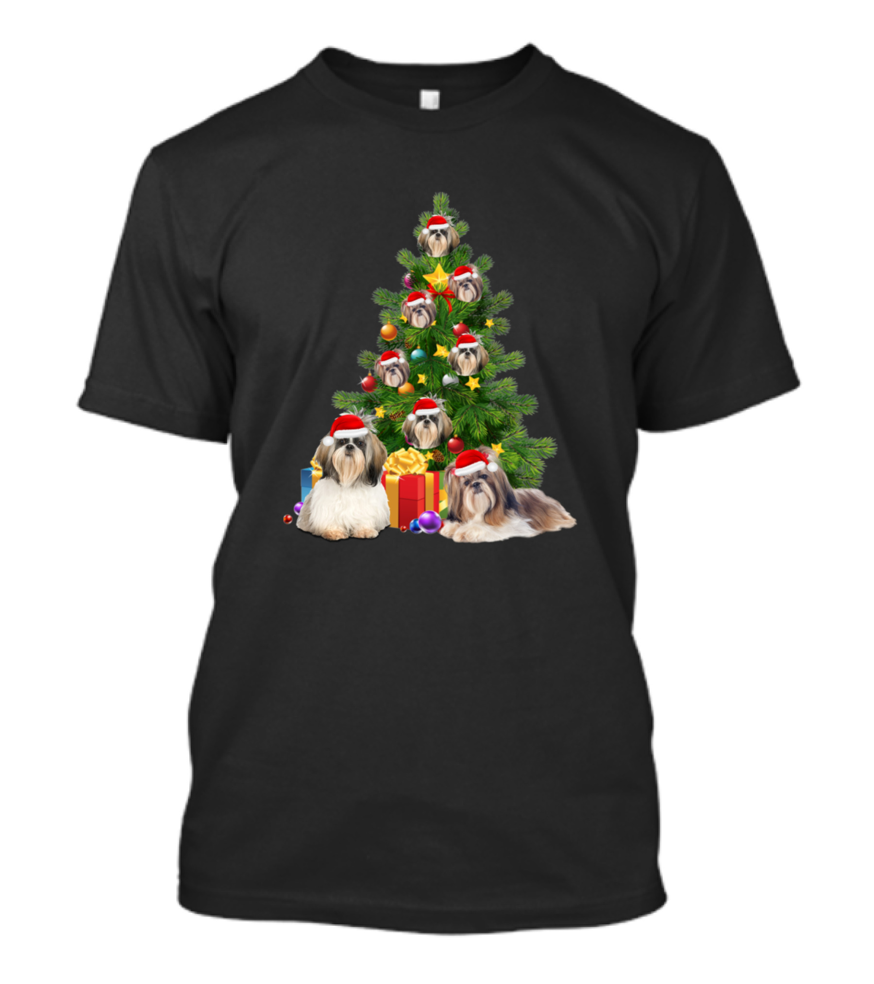 Shih Tzu Dog Christmas Tree With Santa Hats And Holiday Gifts T-Shirt