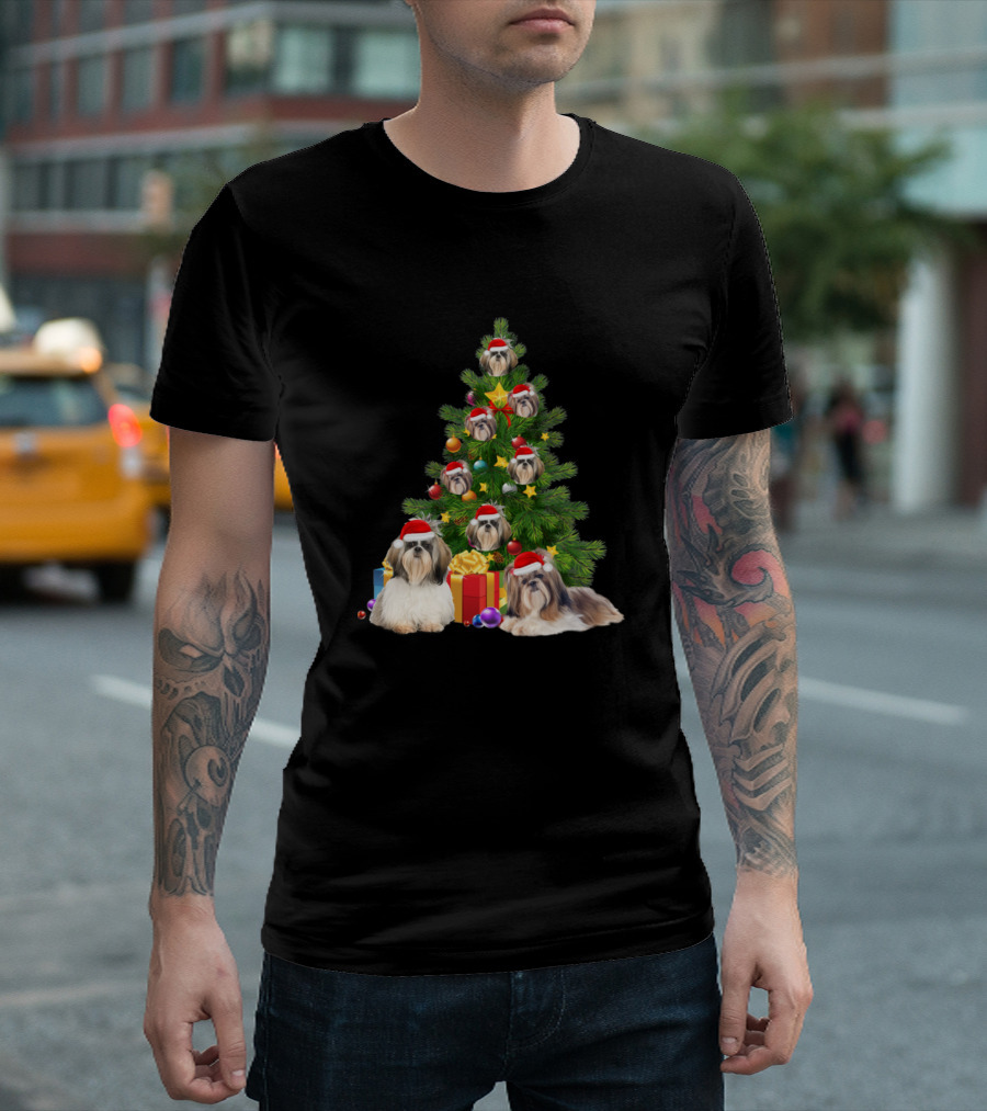 Shih Tzu Dog Christmas Tree With Santa Hats And Holiday Gifts T-Shirt