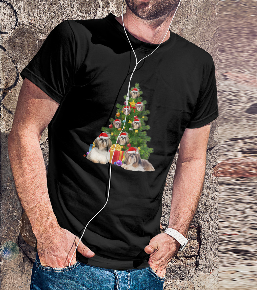 Shih Tzu Dog Christmas Tree With Santa Hats And Holiday Gifts T-Shirt