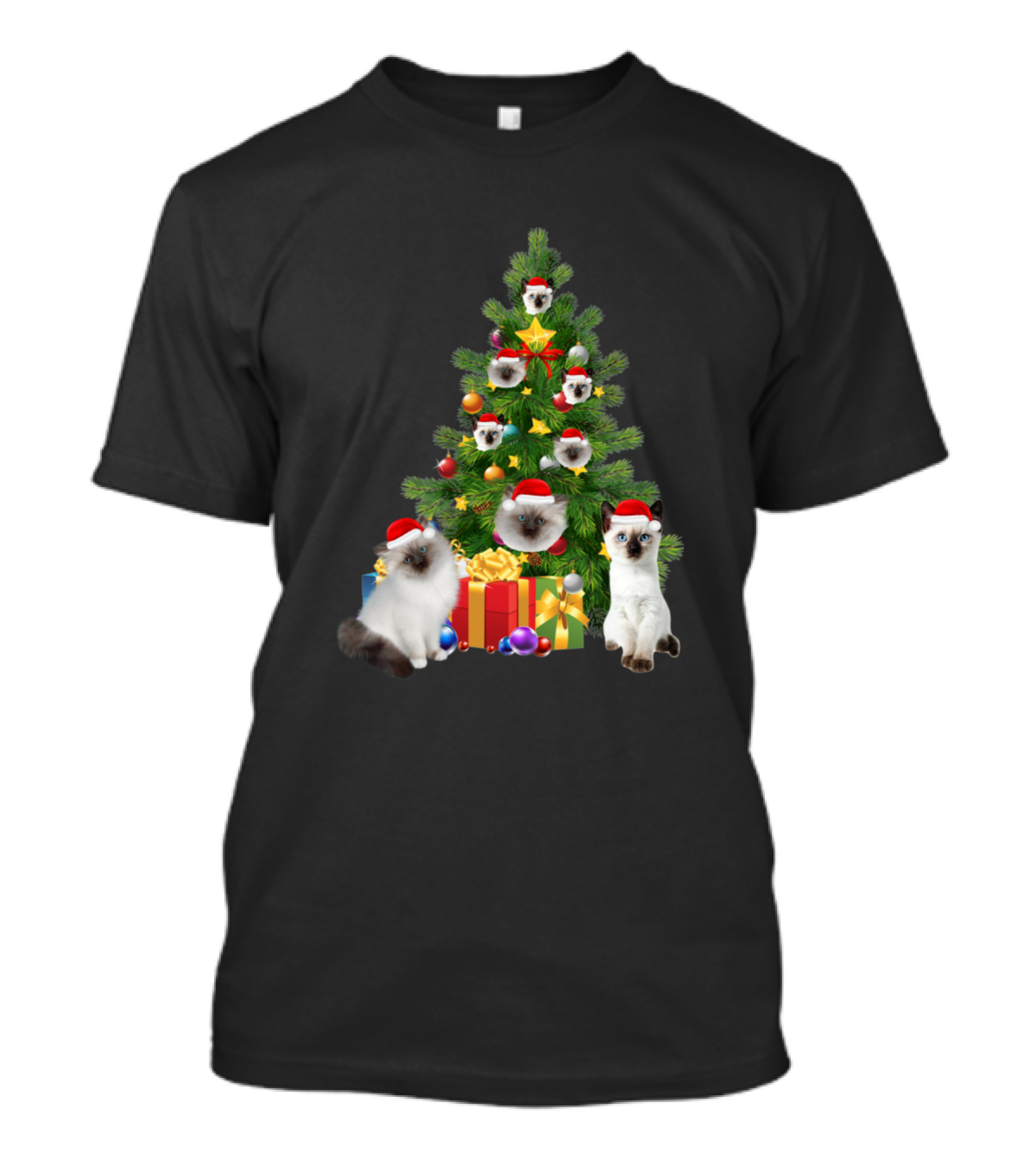 Christmas Tree Featuring Siamese Cats With Santa Hats And Presents T-Shirt