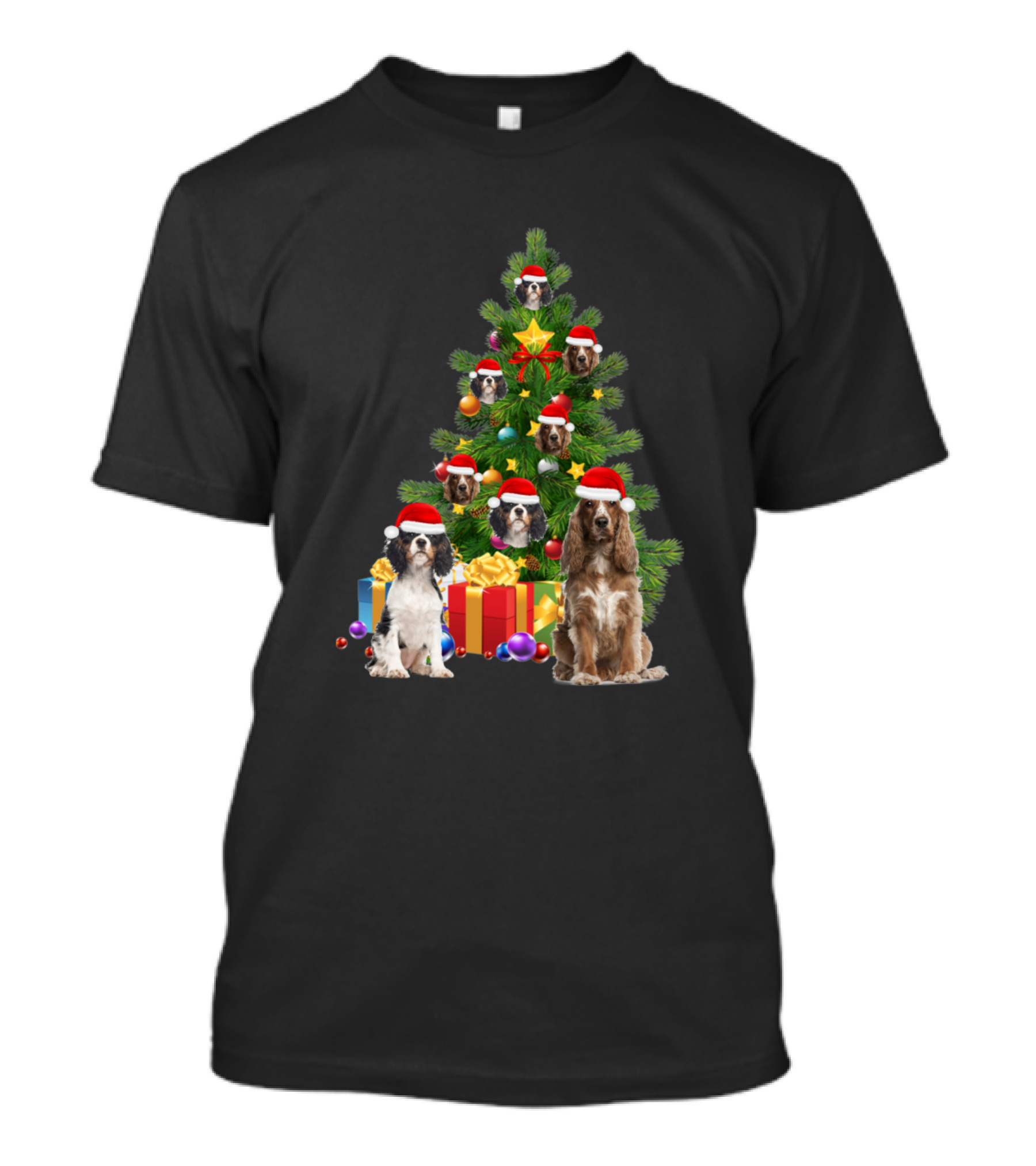 Springer Spaniel Christmas Tree Festive Dogs With Santa Hats And Presents T-Shirt