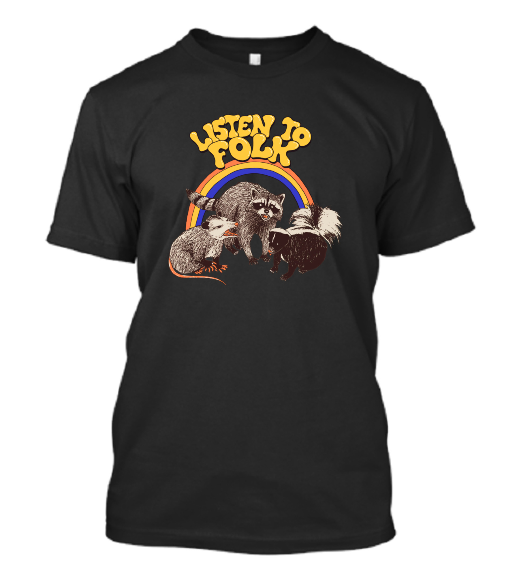 Listen To Folk Raccoon Opossum Skunk Retro Rainbow T-Shirt