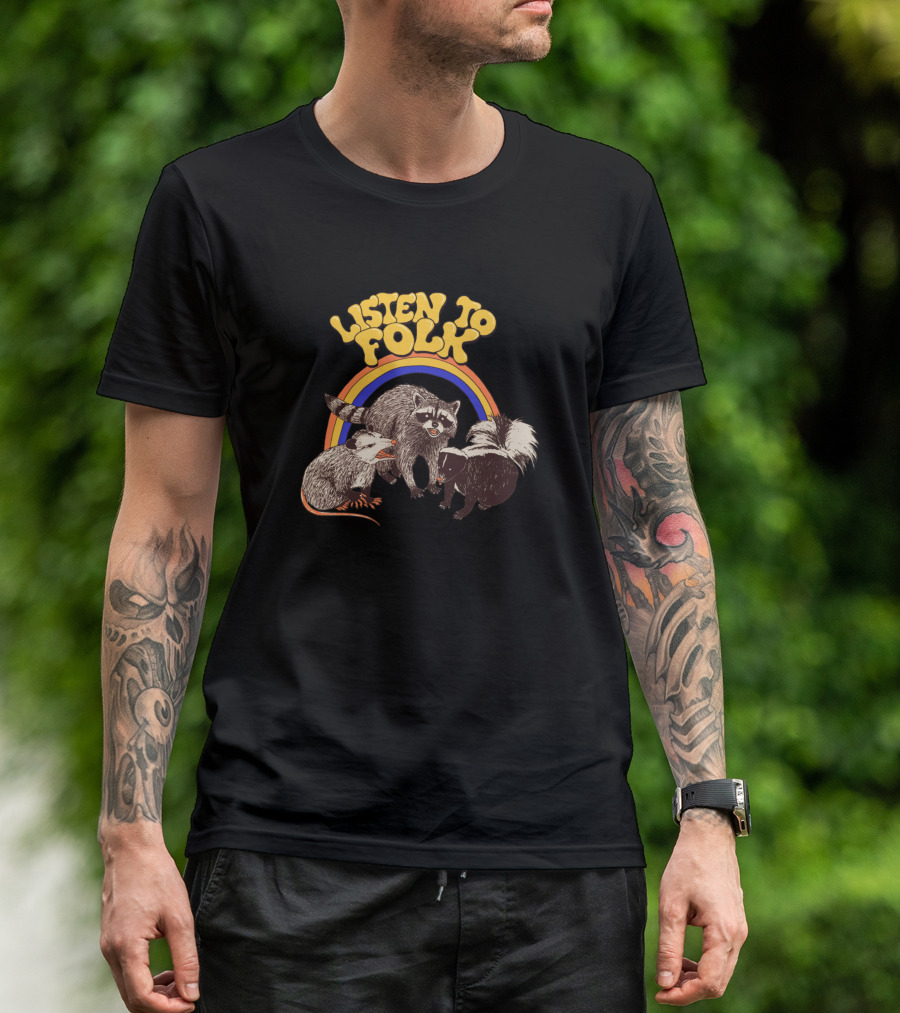 Listen To Folk Raccoon Opossum Skunk Retro Rainbow T-Shirt