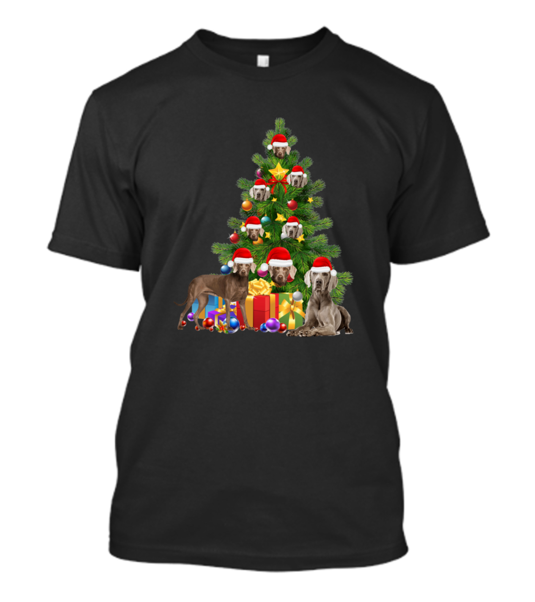Weimaraner Dog With Santa Hats Under Christmas Tree With Gifts T-Shirt