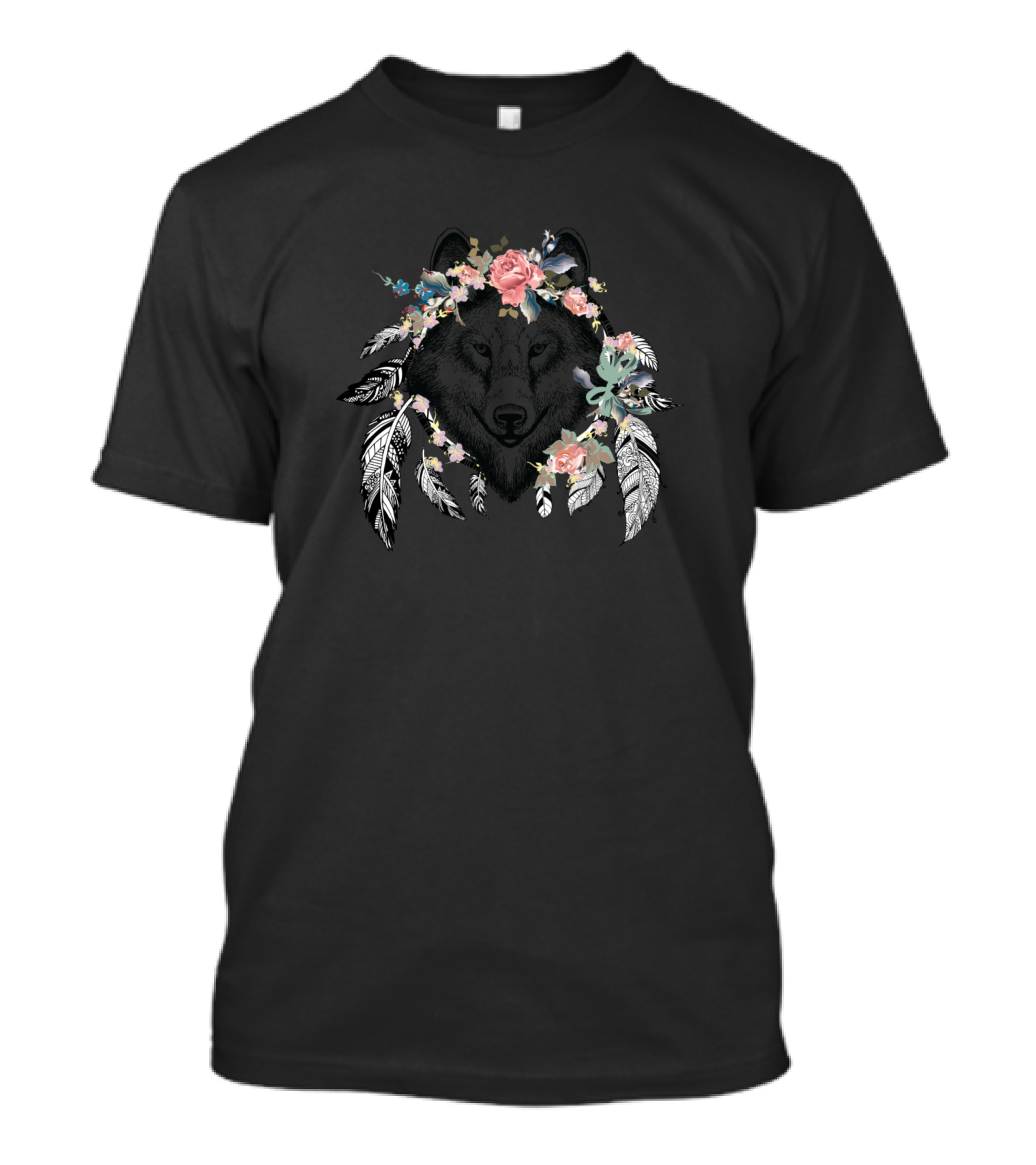 Wolf Floral Watercolor Boho Feather T-Shirt