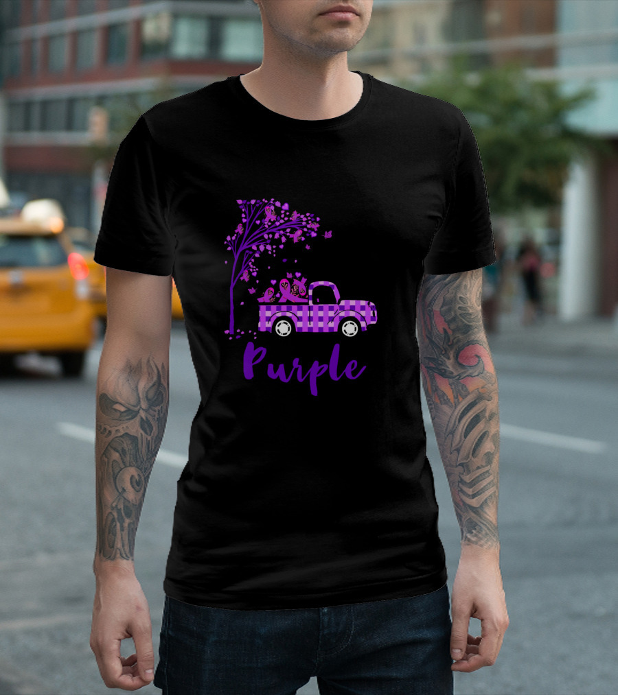 Alzheimer Awareness In November We Wear Purple Checker Truck with Tree and Ribbons T-Shirt