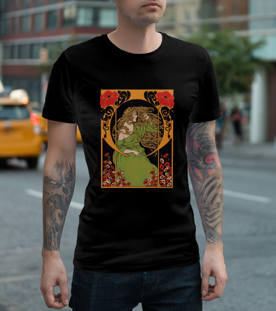 Art Deco Lady 2 On Floral Nouveau Style Green Dress T-Shirt