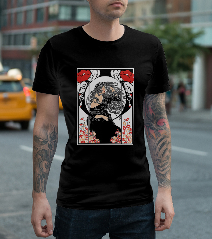 Art Deco Lady Floral Motif Poppies T-Shirt