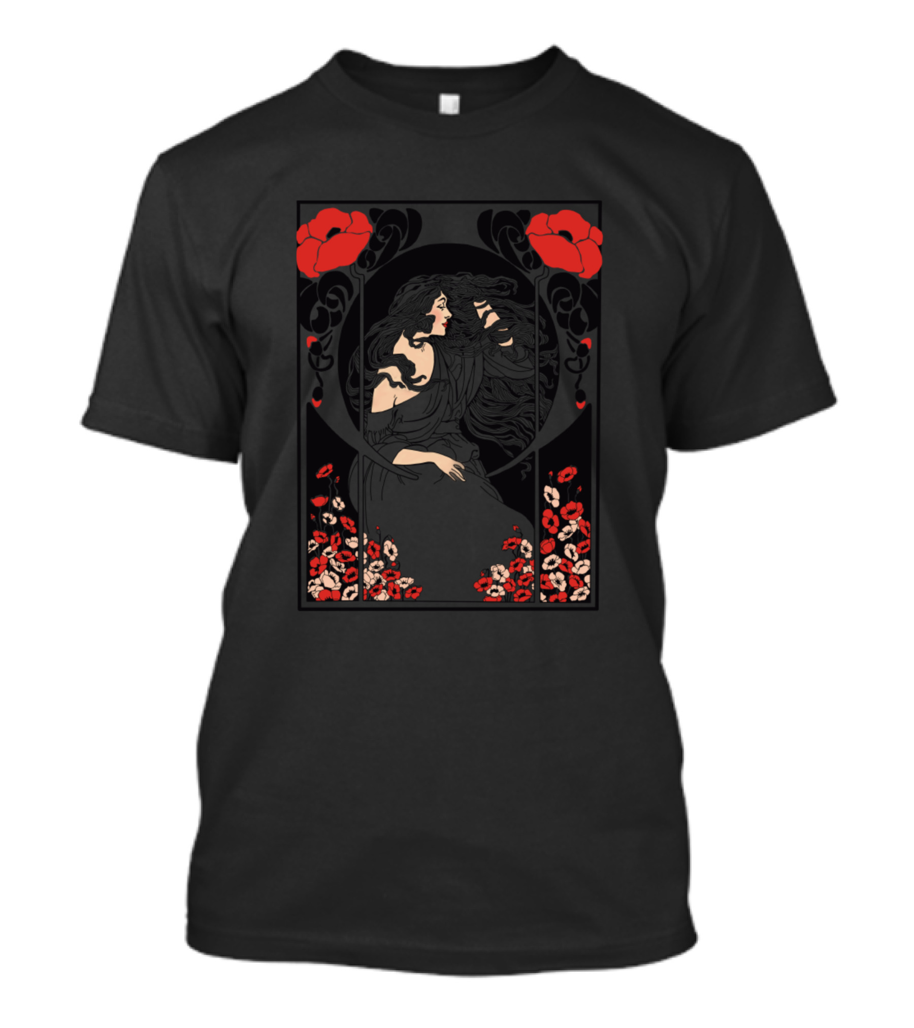 Art Deco Lady In Black With Red Poppies T-Shirt