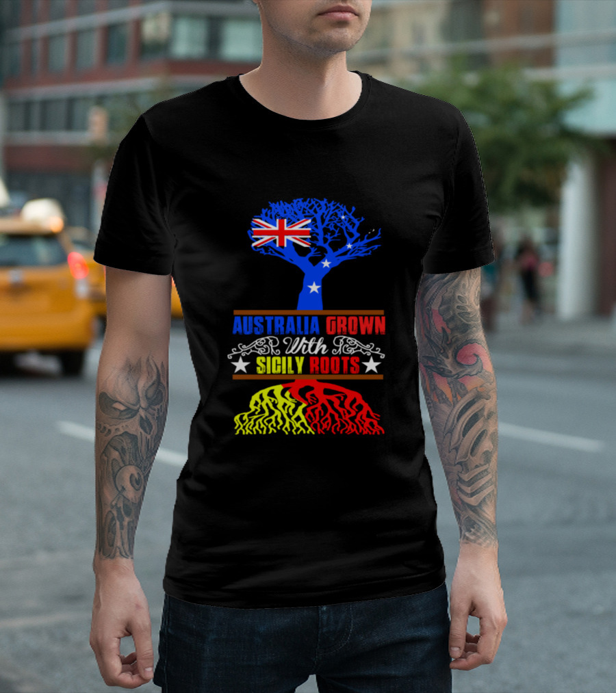 AUSTRALIA GROWN WITH SICILY ROOTS TREE FLAG STARS T-Shirt