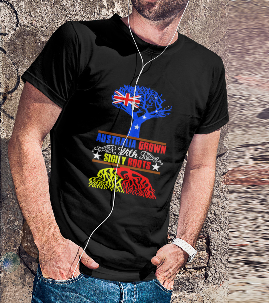 AUSTRALIA GROWN WITH SICILY ROOTS TREE FLAG STARS T-Shirt