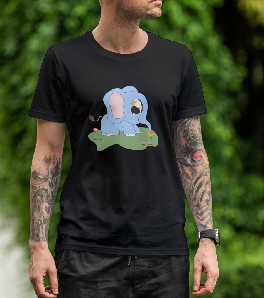 Baby Trunk Elephant Cartoon Animal Motif With Flowers T-Shirt
