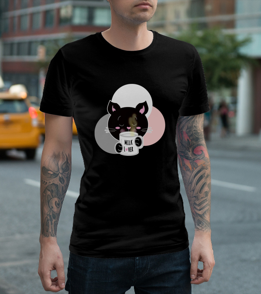 Milk Lover Black Cat with Cup of Warm Beverage T-Shirt