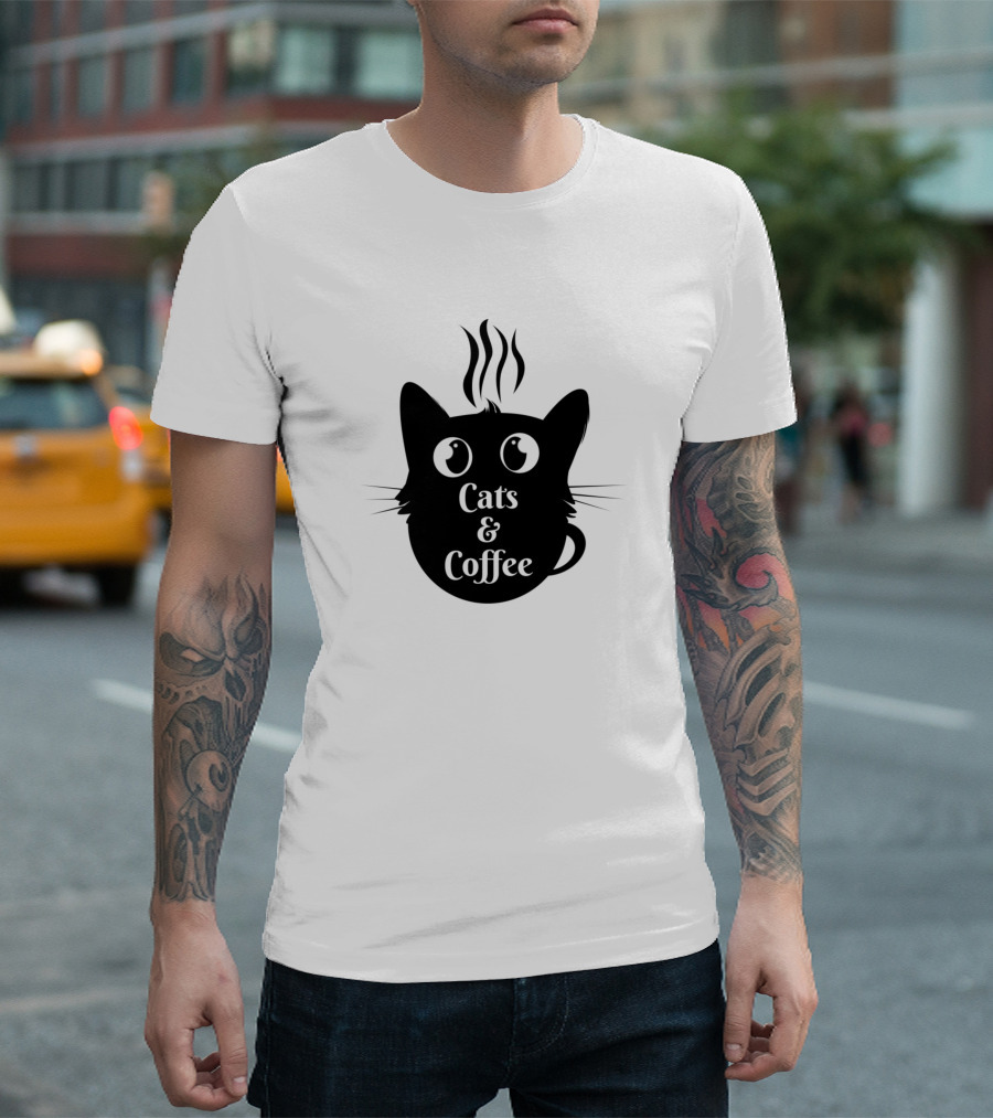 Cats and Coffee Silhouette Whiskers Steam Eyes T-Shirt