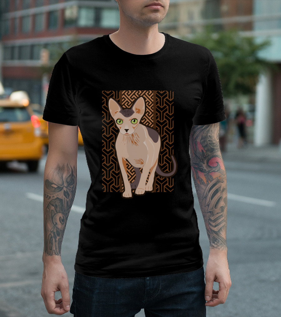 Sphinx Cat Essential Kitten Kitty With Geometric Pattern Background T-Shirt
