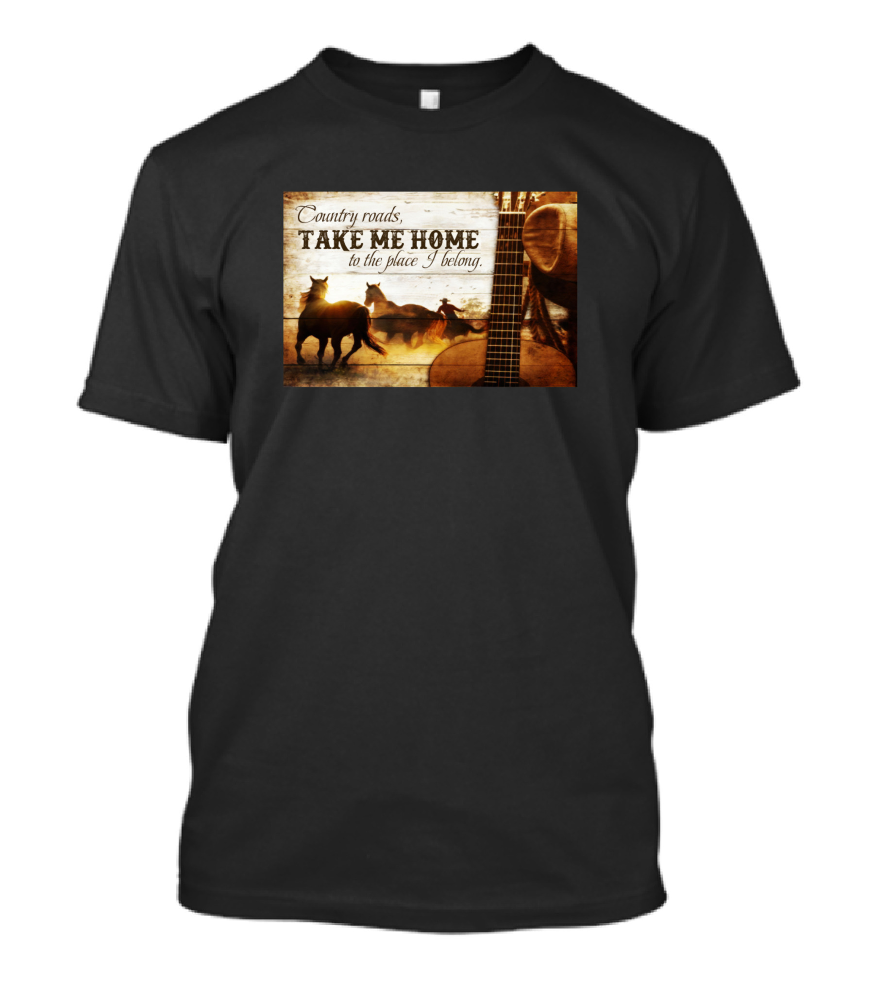 Country Roads Take Me Home To The Place I Belong Horses And Guitar Scenic T-Shirt