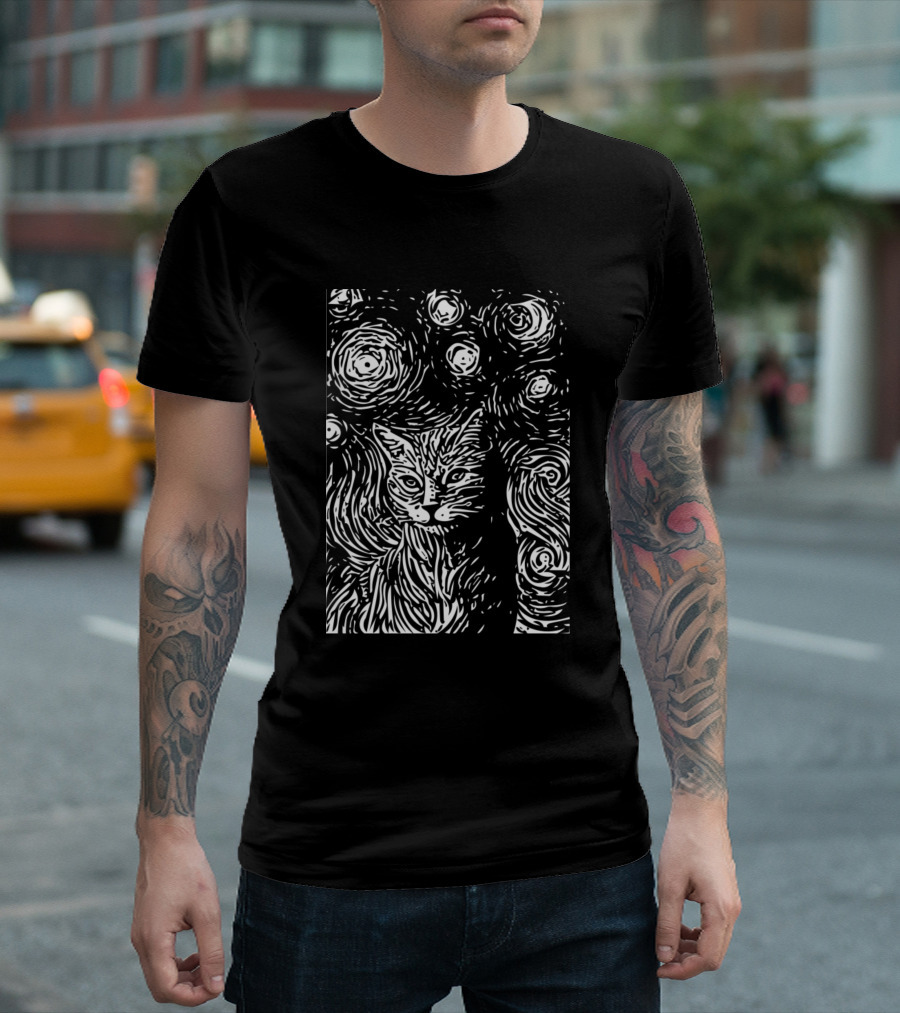 Funny Artistic Cat Gogh Starry Night T-Shirt