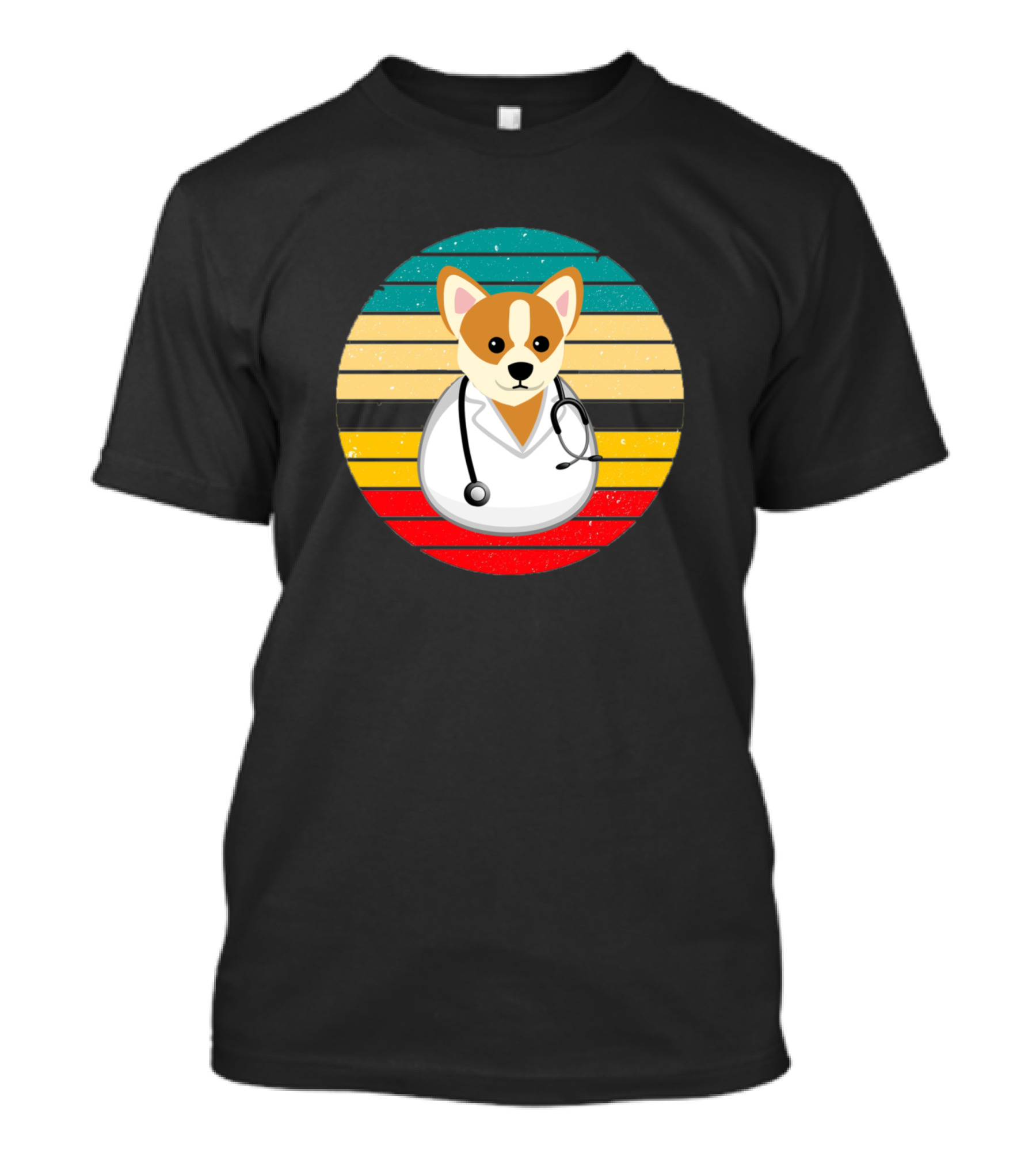 Funny Dogtor Corgi With Stethoscope In Retro Style Stripes T-Shirt
