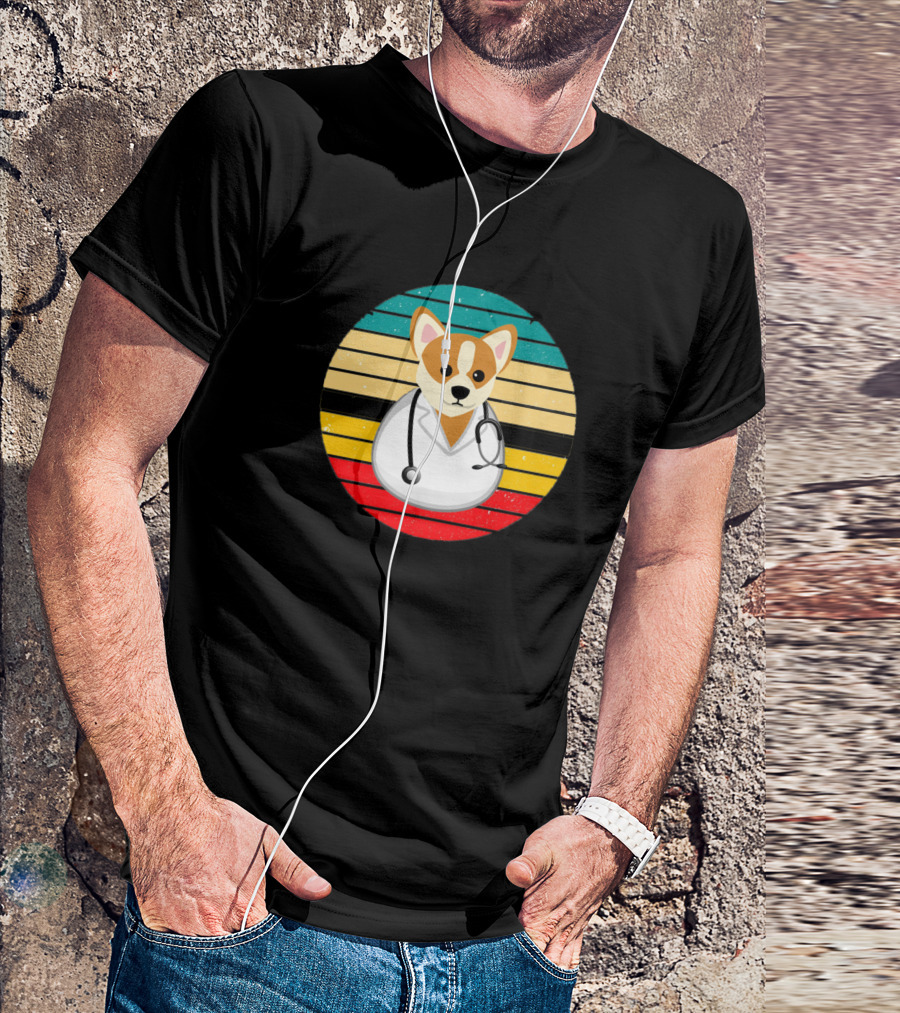 Funny Dogtor Corgi With Stethoscope In Retro Style Stripes T-Shirt