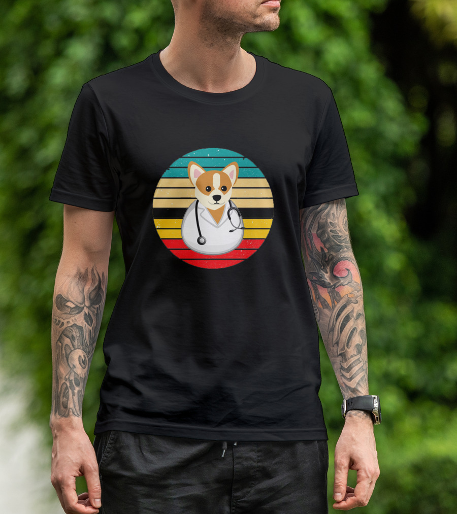 Funny Dogtor Corgi With Stethoscope In Retro Style Stripes T-Shirt