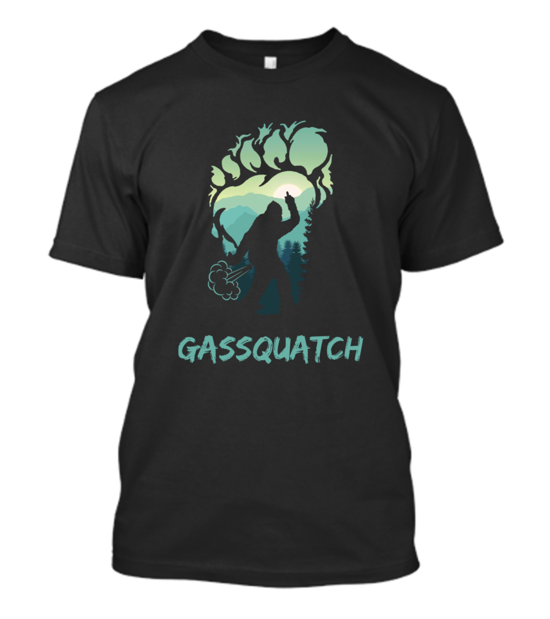 Gassquatch Bigfoot Silhouette With Forest And Mountains T-Shirt