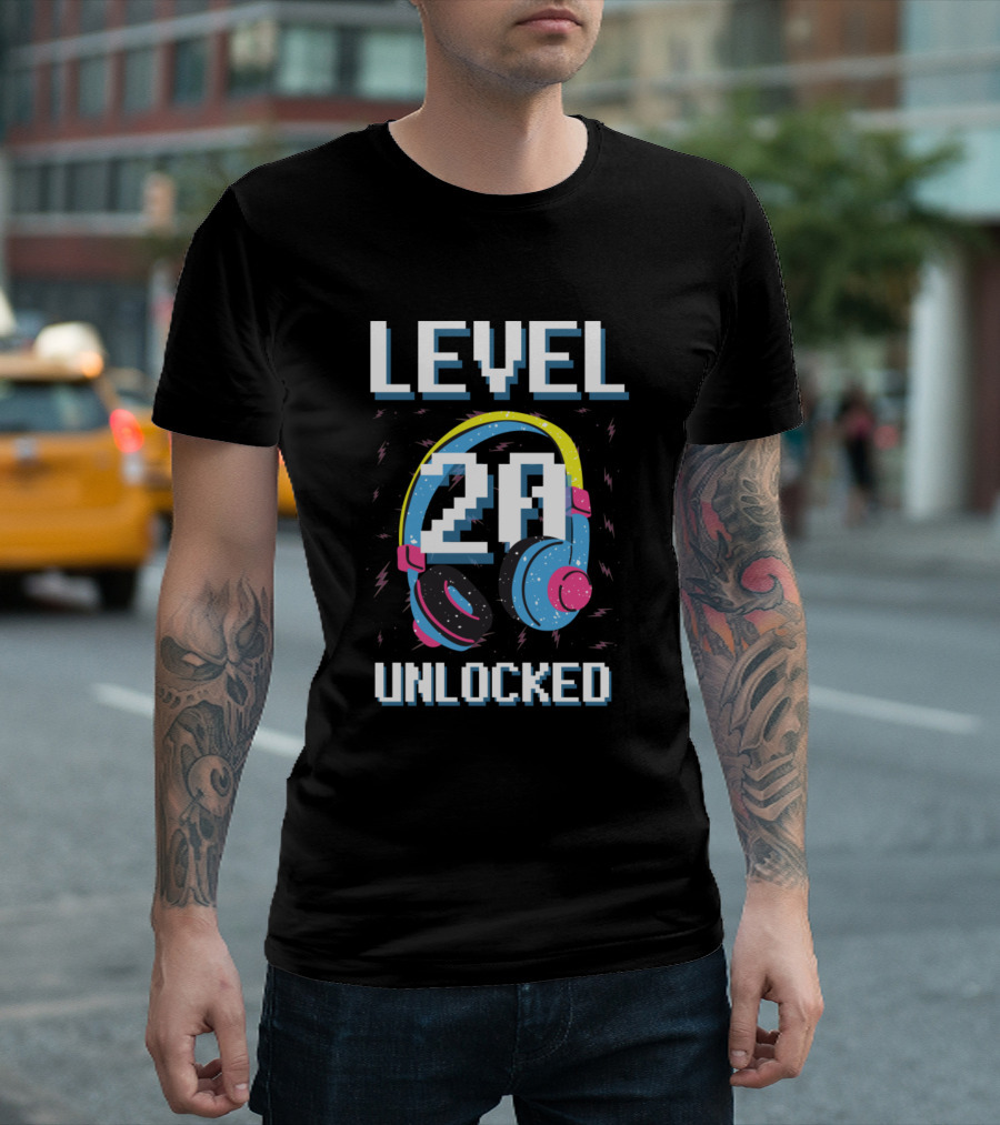 Level 20 Unlocked Headphones Gaming Pixel Art Birthday T-Shirt