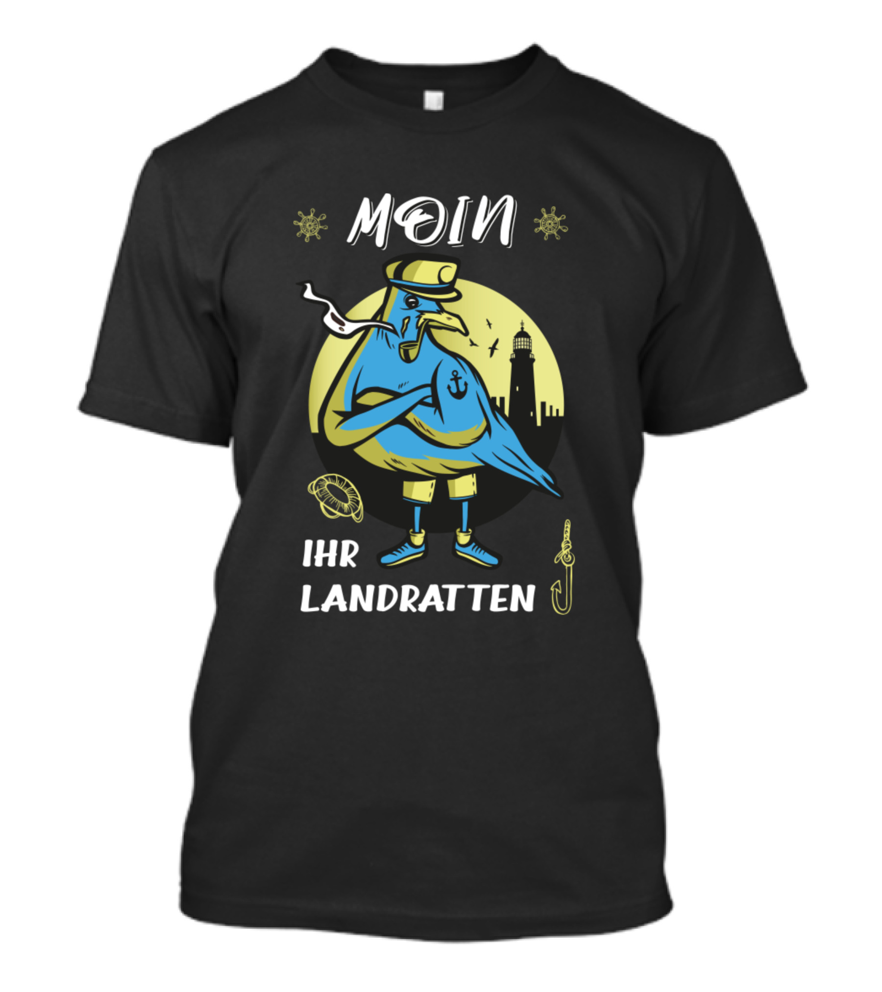 Moin Ihr Landratten Seagull With Lighthouse And Nautical Symbols T-Shirt