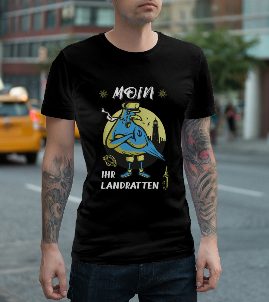 Moin Ihr Landratten Seagull With Lighthouse And Nautical Symbols T-Shirt