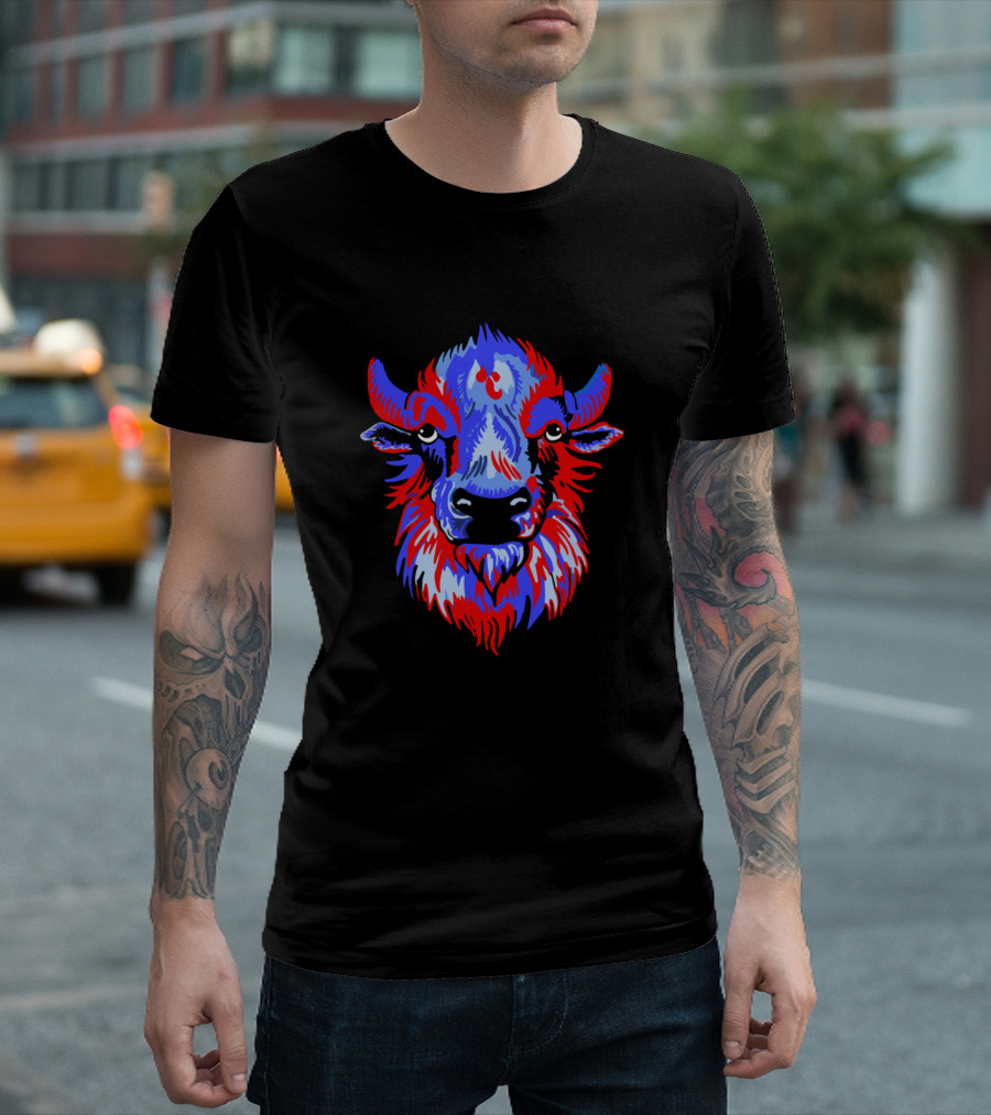 Buffalo Head In Vibrant Blue And Red Palette T-Shirt