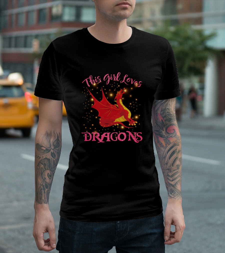 This Girl Loves Dragons Sparkling Red Dragon Fantasy T-Shirt