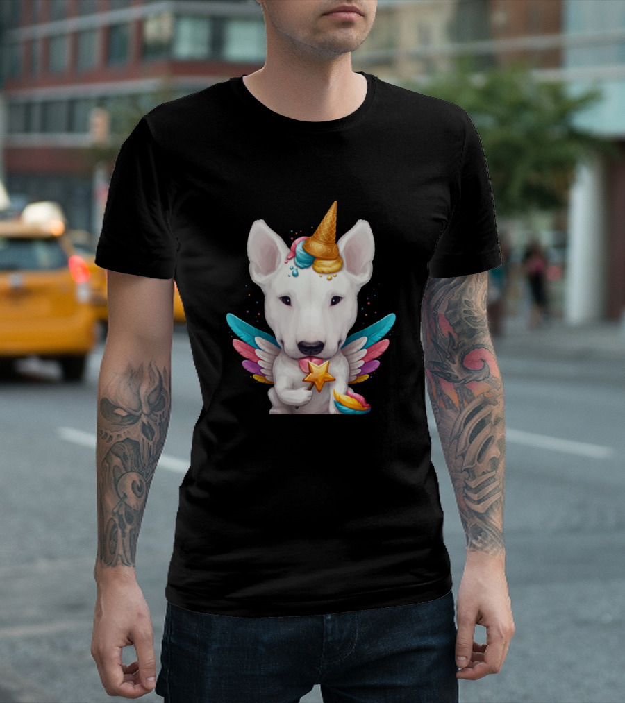 White English Bull Terrier with Ice Cream Cone Unicorn Horn and Colorful Wings T-Shirt
