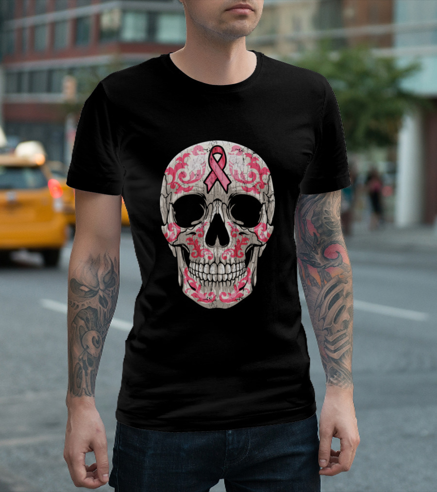 Breast Cancer Awareness Pink Ribbon Sugar Skull T-Shirt