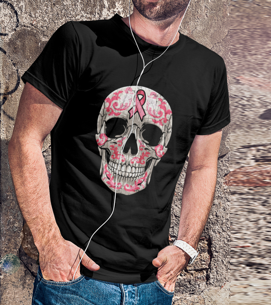 Breast Cancer Awareness Pink Ribbon Sugar Skull T-Shirt