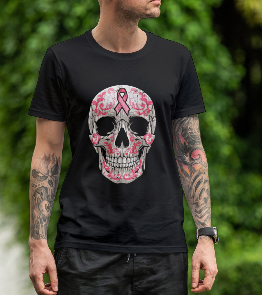 Breast Cancer Awareness Pink Ribbon Sugar Skull T-Shirt
