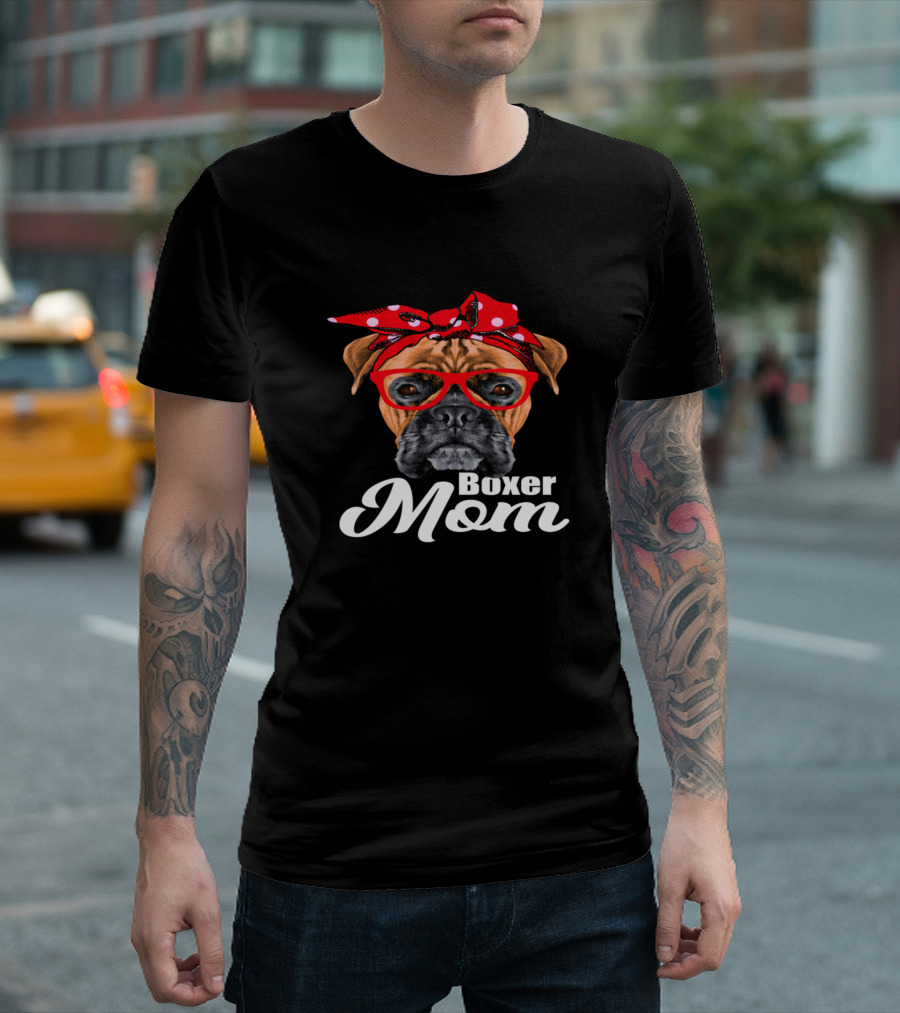 Boxer Mom I Love Dogs with Red Glasses and Polka Dot Bandana T-Shirt