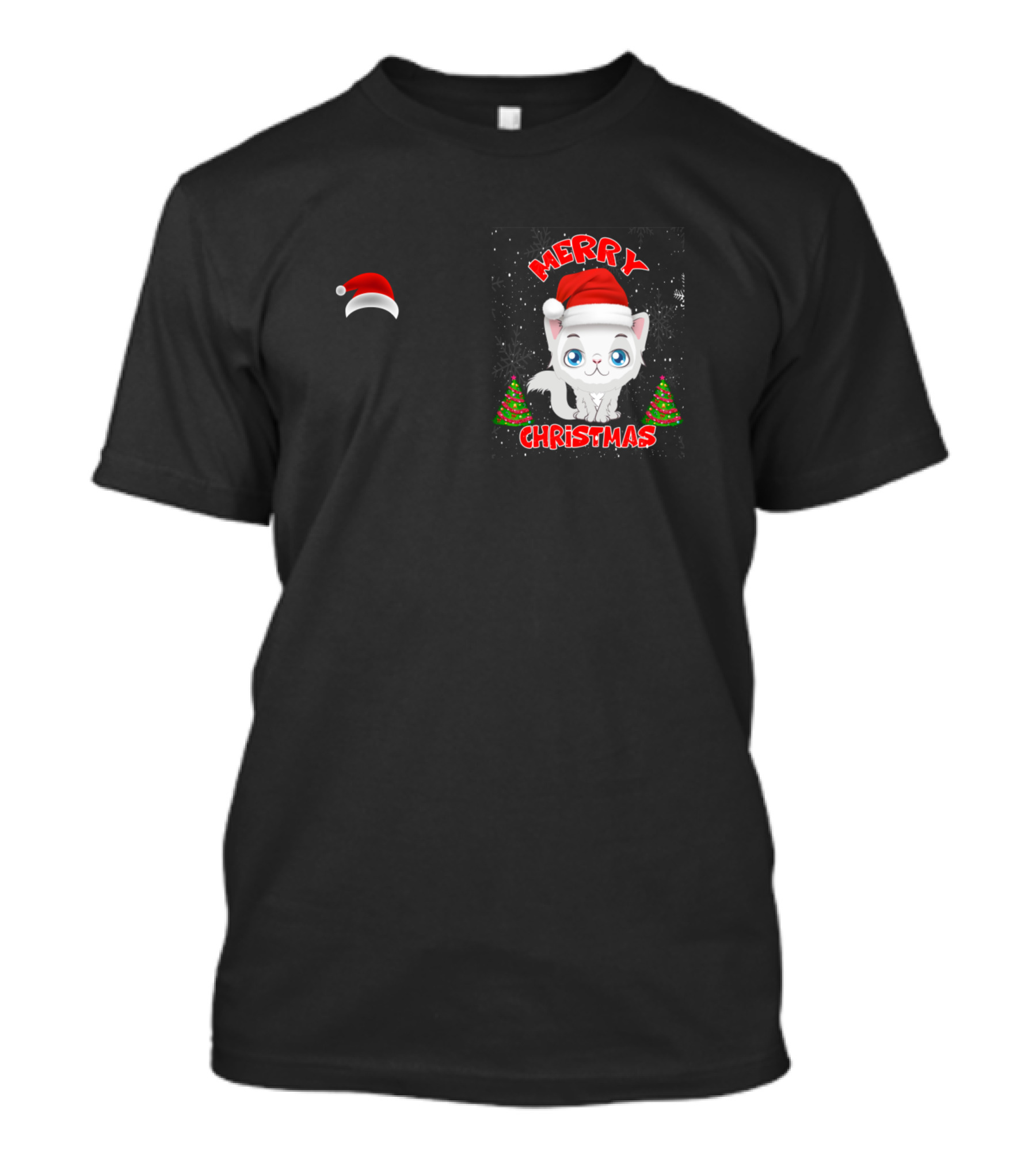 Merry Christmas Cute Cat Santa Hat Holiday Trees T-Shirt