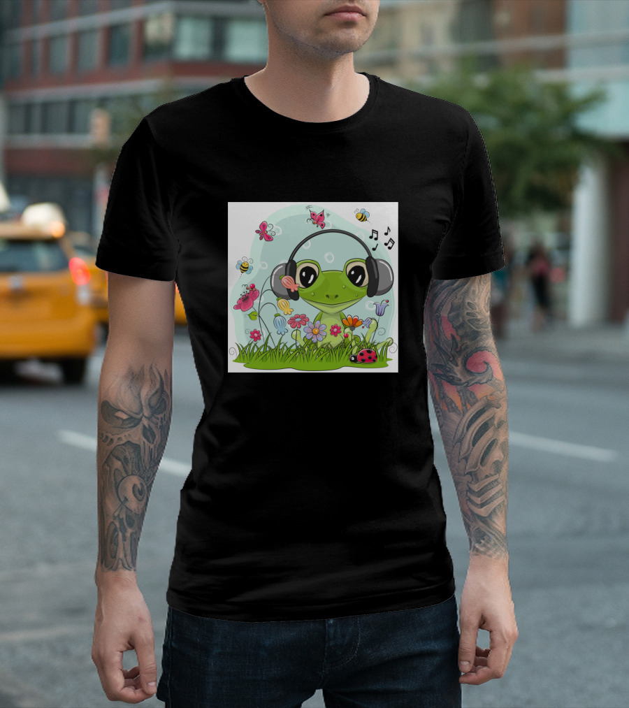 Frog Listening to Music with Headphones in Flower Garden with Butterflies and Ladybug T-Shirt