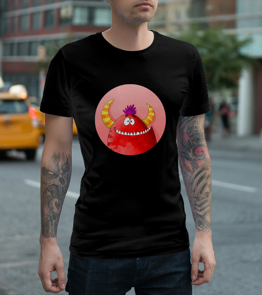 Red Monster Cartoon with Striped Horns and Purple Hair T-Shirt