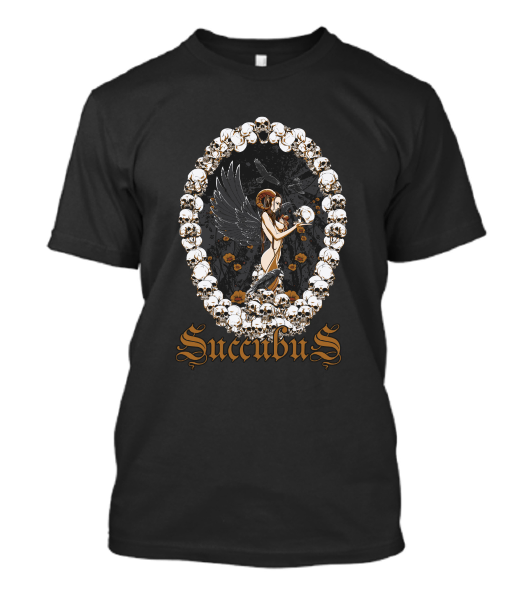 Succubus Angelic Figure With Skulls And Roses Motif T-Shirt