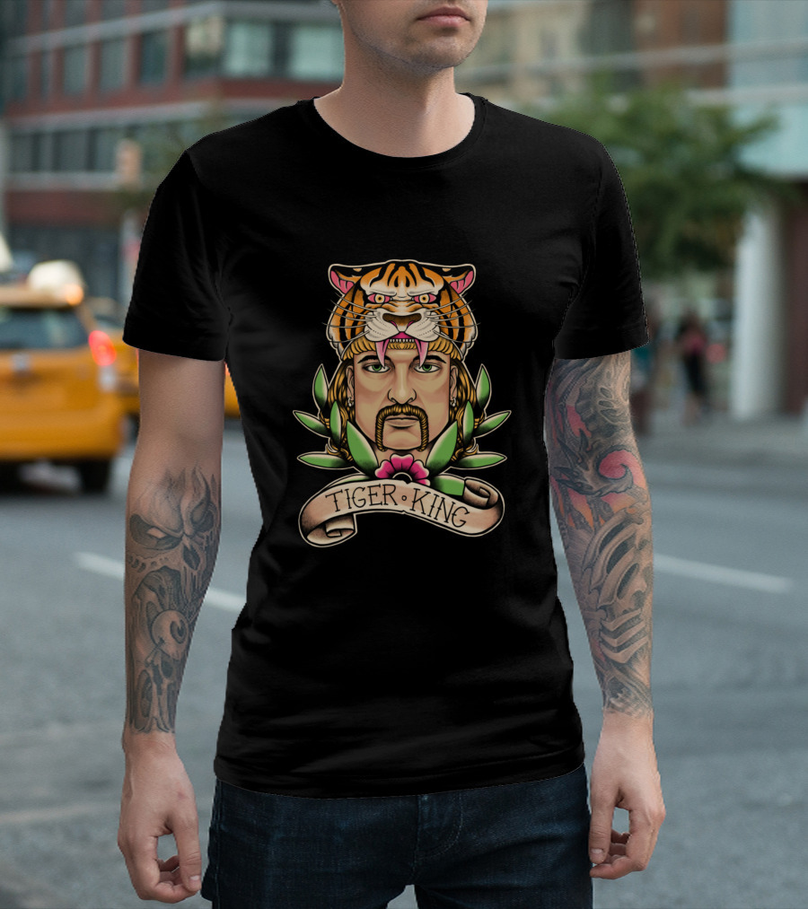 Tiger King Tiger Head With Man And Floral Elements T-Shirt