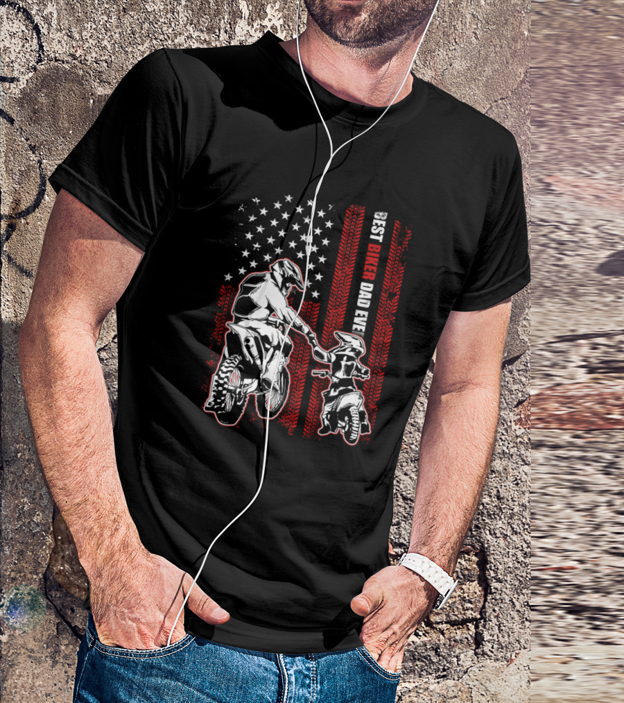 Best Biker Dad Ever American Flag Motocross Father And Son T-Shirt
