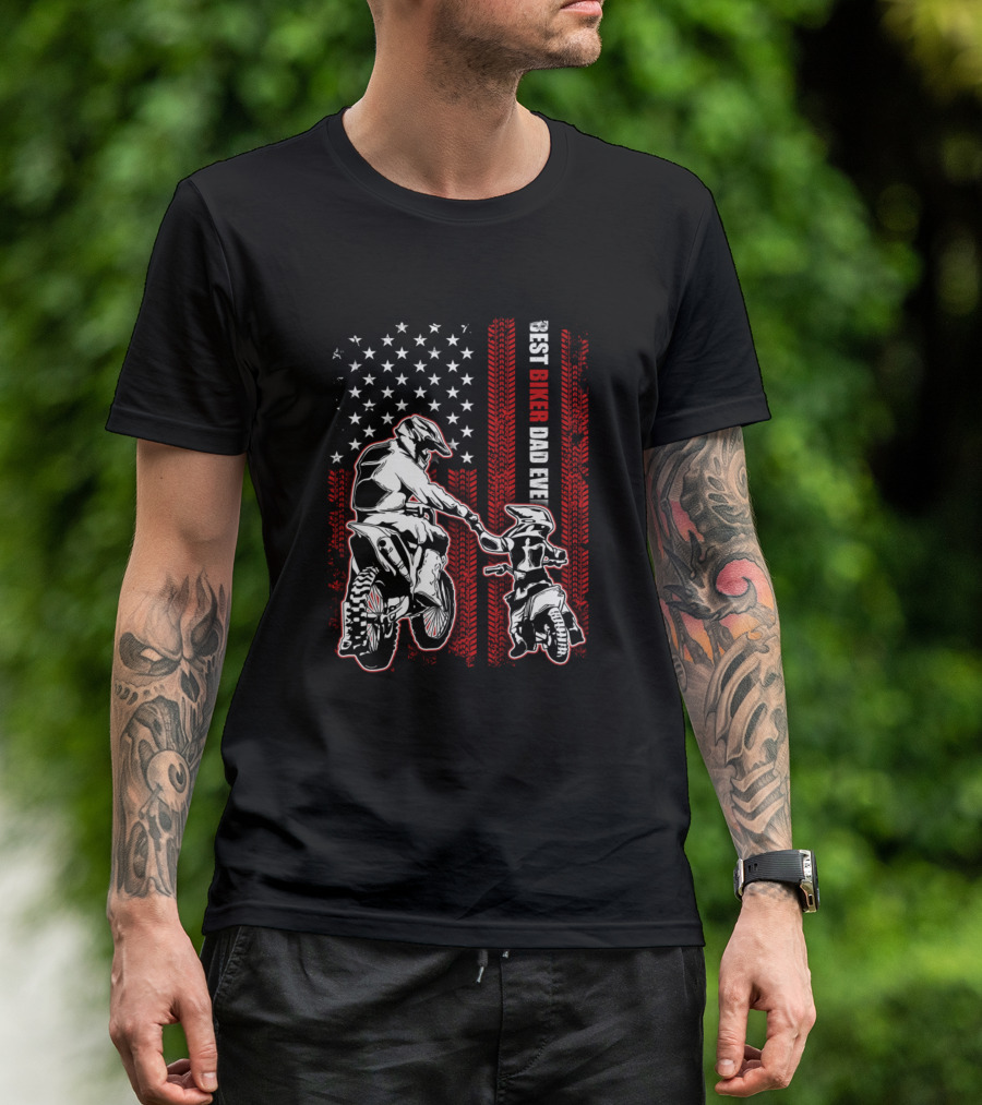 Best Biker Dad Ever American Flag Motocross Father And Son T-Shirt