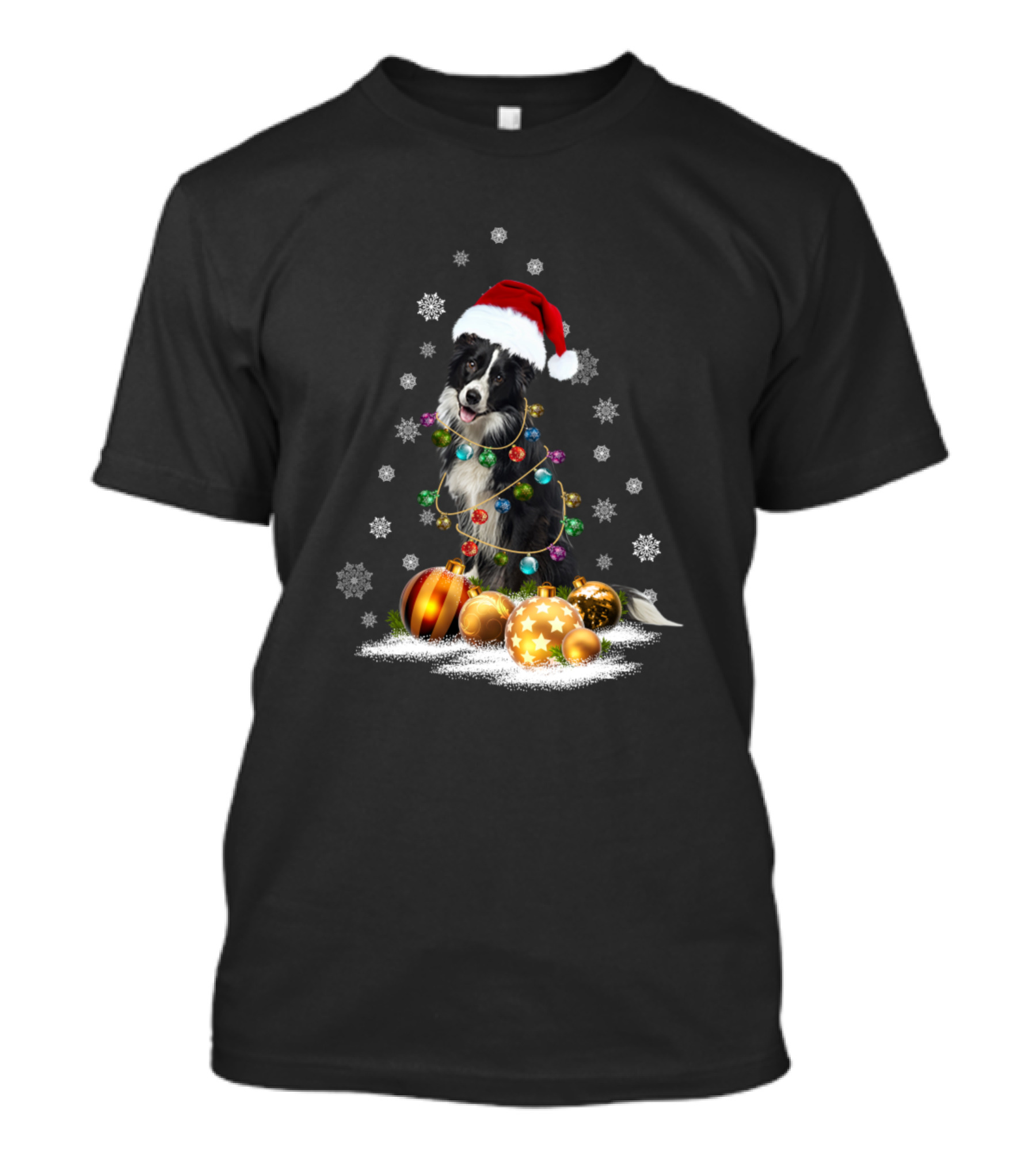 Border Collie Santa Hat Snowflakes Christmas Lights And Baubles T-Shirt