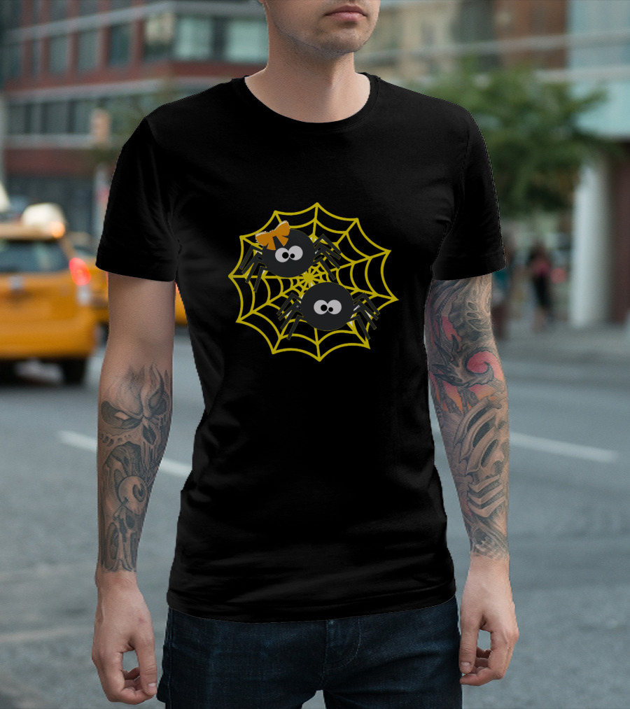 Cute Couple Spides On Yellow Spider Web T-Shirt