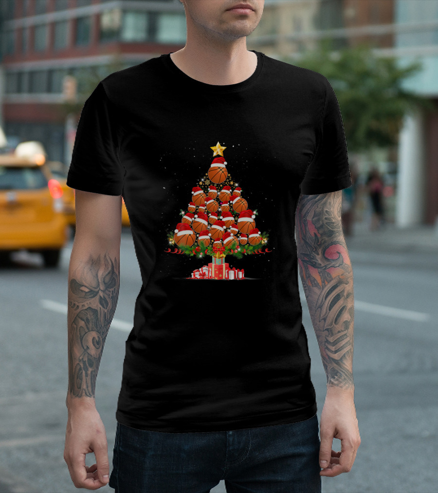 Funny Basketball Christmas Tree with Santa Hats and Snowflakes T-Shirt