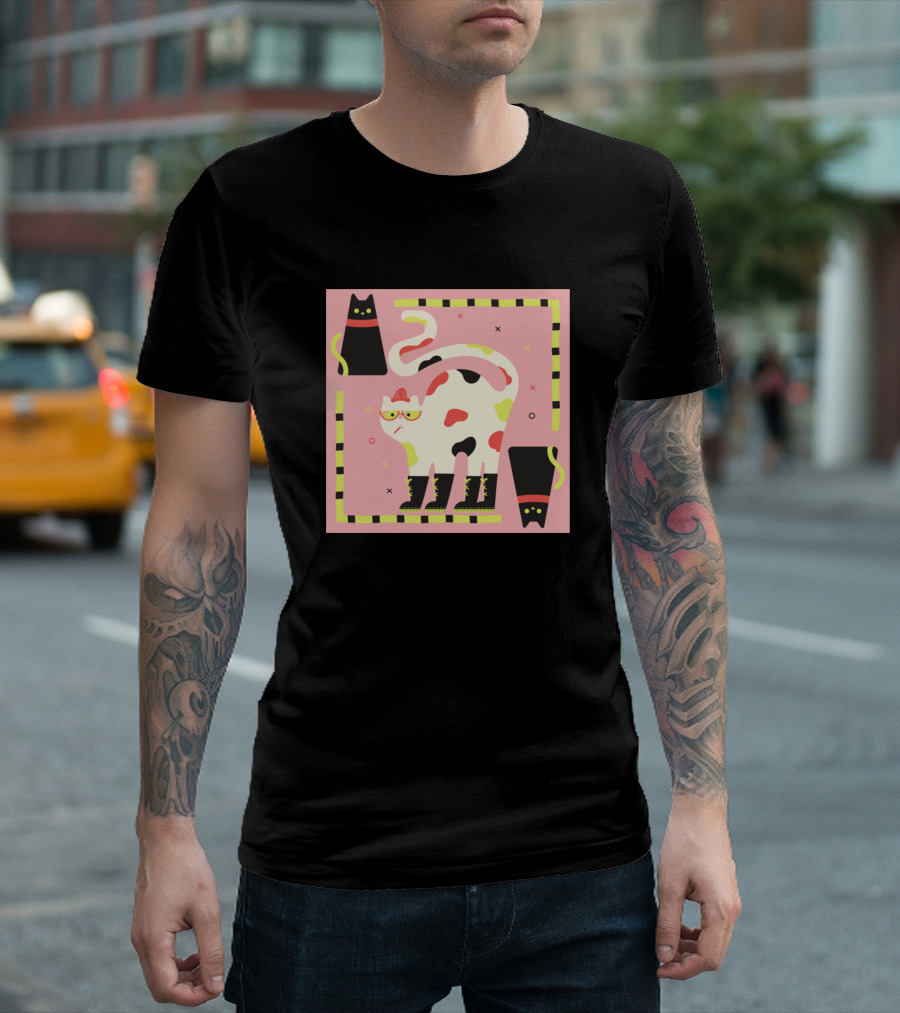 Funny Cat with Glasses Hat and Boots on Pink Background T-Shirt
